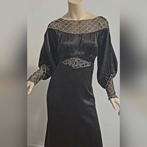 Exquisite 1920s Antique Bias Silk Beaded  Black Evening Dress